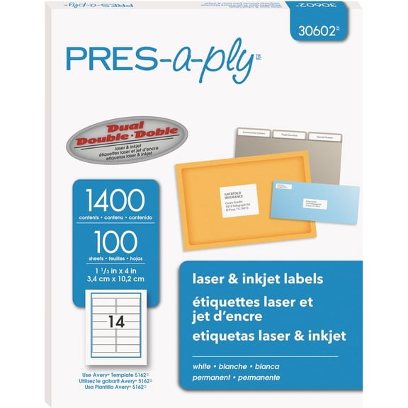 PRES-a-ply Laser Address Labels, 1 1/3 x 4, White, 1400/Box