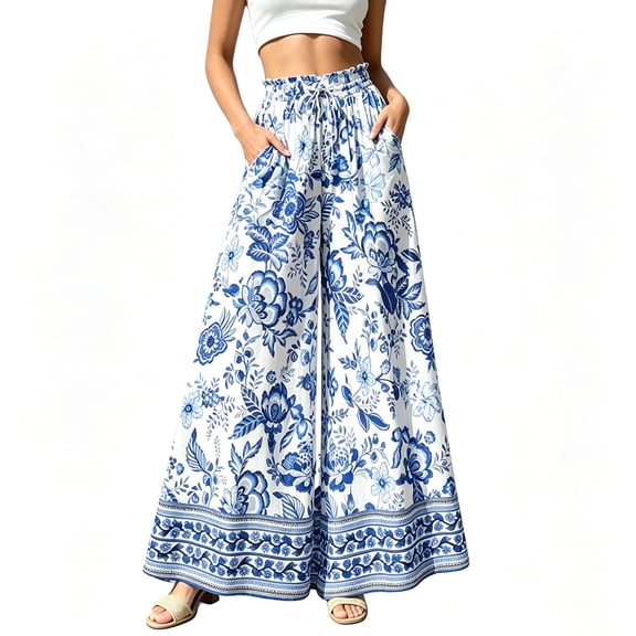 Iyufng Floral Printed Wide Leg Pants for Women, High Waisted Drawstring Relaxed Fit Beach Pants with Side Pockets