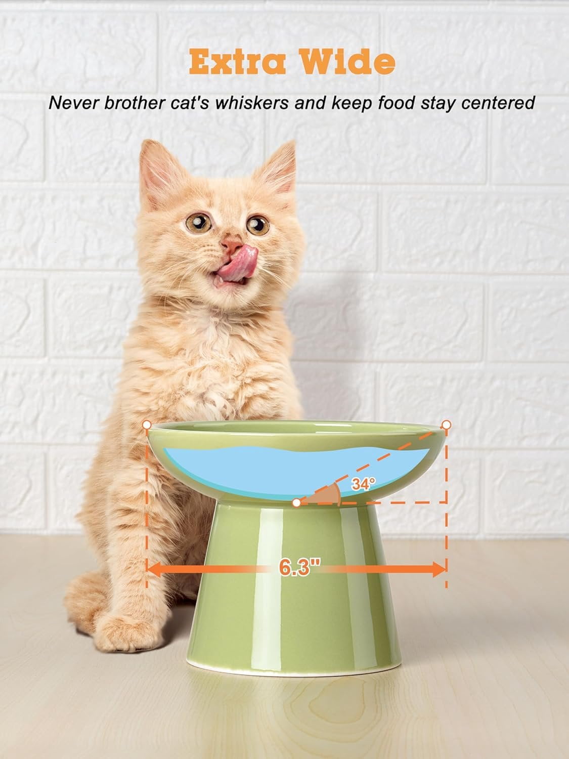 Elevated Green  Bowls Set - Wide Raised Ceramic Feeder, Anti-Vomit -Free Bowl for Kittens to Adult Cats