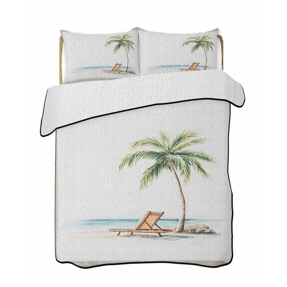 Twin XL Quilt Bedding Set, Beach Coastal Reversible Summer Quilt 3 Pieces, Summer Nautical Ocean Palm Tree Seaside Lightweight Bedspreads Coverlets with 2 Pillow Shams for All Seasons