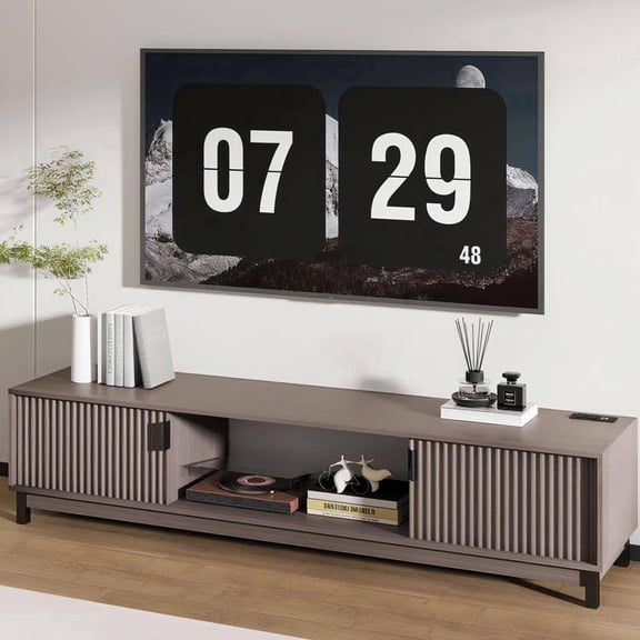 Richryce Mid Century Modern Mocha TV Stand for 65" TVs, 58" Wide Media Console with Built-in Power Outlet, Storage Cabinets & Open Shelves for Living Room or Bedroom