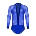 thumbnail image 3 of TiaoBug Men Latin Dance Shirt Leotard Long Sleeve Deep V-neck Velvet Patchwork Mesh Salsa Cha-Cha Bodysuit Blue L, 3 of 7