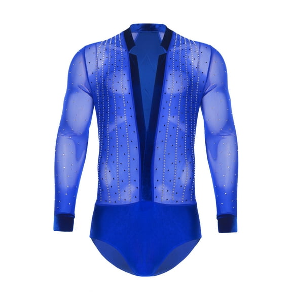 Kaerm Men's Latin Waltz Tango Dance Leotard Long Sleeve Deep V-neck Velvet Patchwork Rhinestones Bodysuit Blue L