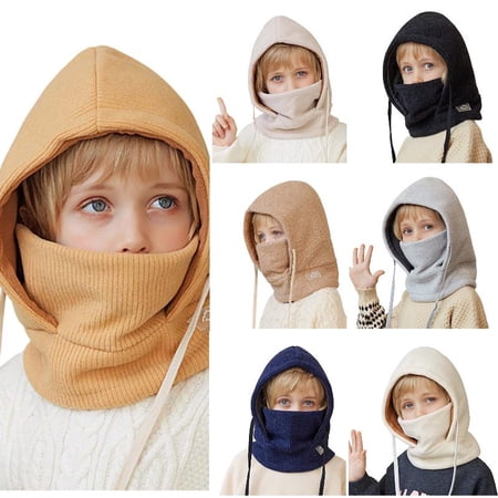 Wdgfv Kids Winter Balaclava Hat Lined Warm Hooded Beanie with Mask and Neck Gaiter Windproof Thermal Face Cover Ski Mask for Boys Girls 4-10 Years