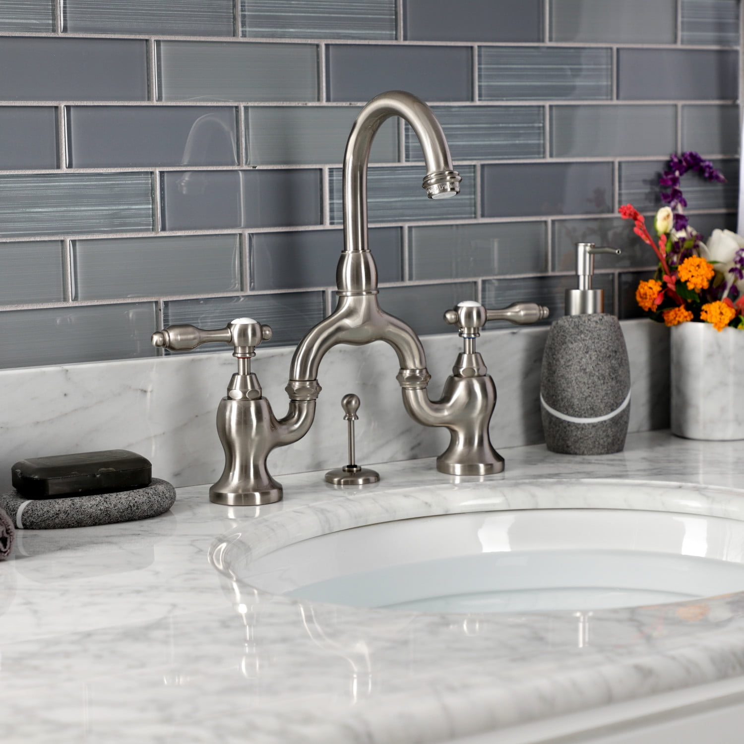 Kingston Brass KS7998TAL Standard Mount Bridge Bathroom Faucet, Brushed Nickel