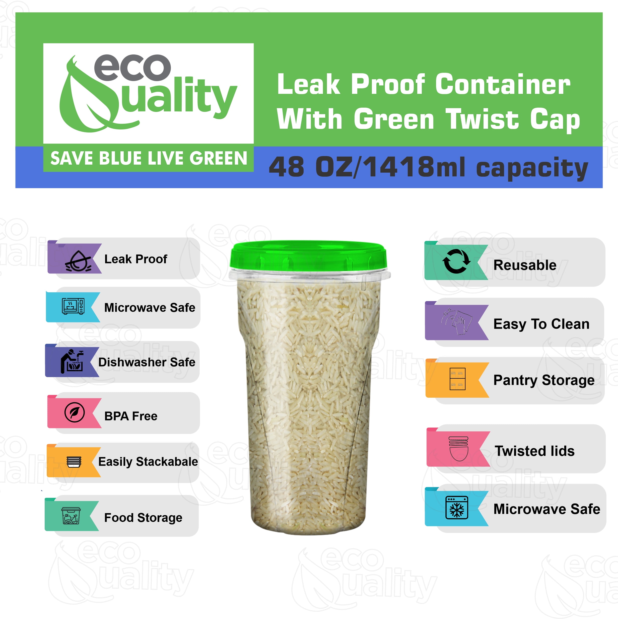 48 oz Clear Twist Top Storage Deli Containers with Leak Proof Lids Green - BPA Free Snack Containers Airtight Reusable Plastic Food Storage Canisters with Twist Seal Caps Kitchen Organizer (8)