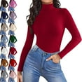thumbnail image 2 of Mock Turtle Necks Tops for Women Long Sleeve Ribbed Shirts Thermal Slim Fit Lightweight Undershirts，Wine XL, 2 of 6