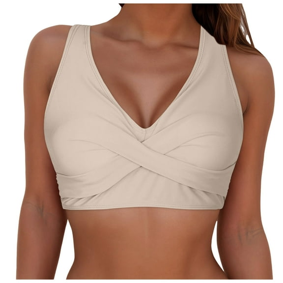 TTUHYWXI Women Underwire Full Coverage Bikini Top Only Criss Cross Push Up Swim Crop Top Tie Back Bathing Suit,Khaki L