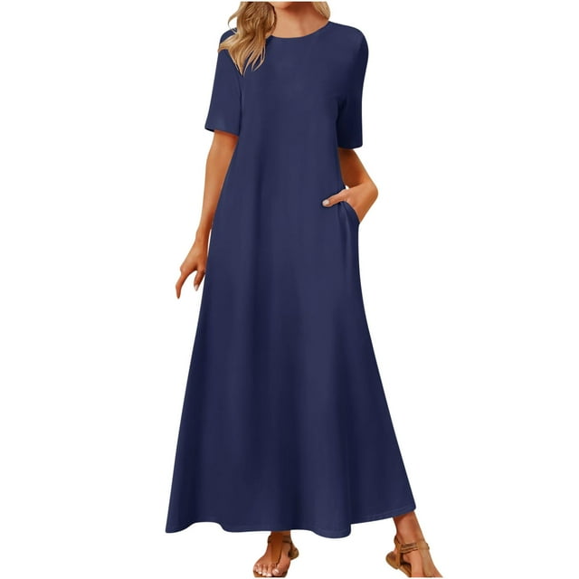 AherBiu Robe pour Femmes Décontractée à Col Rond, Robe Maxi Fluide à Manches Courtes, Robe Longue Ample avec Poches