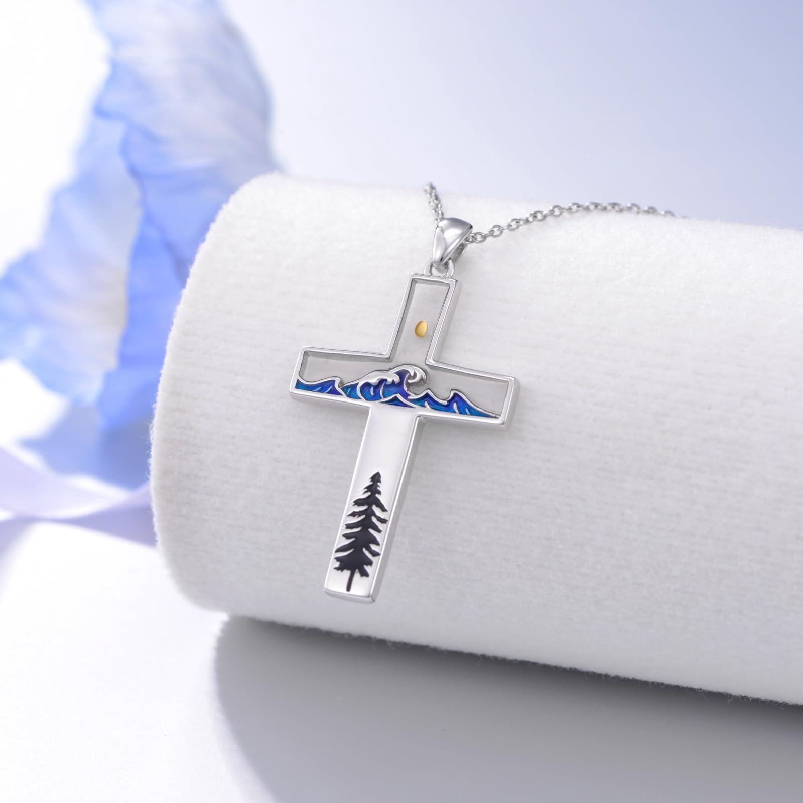 Coachuhhar Mustard Seed Cross Necklace 925 Sterling Silver Wave Pine Tree Pendant Necklace Faith Religious Jewelry Christmas Gifts for Christian