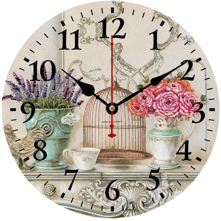 CozyHour 9.84 Inch Vintage Wall Clock, Farmhouse Decorative Round Clock with Floral Rose Design, French Country Style Analog Clock for Living Room Kitchen Bedroom Home Decor