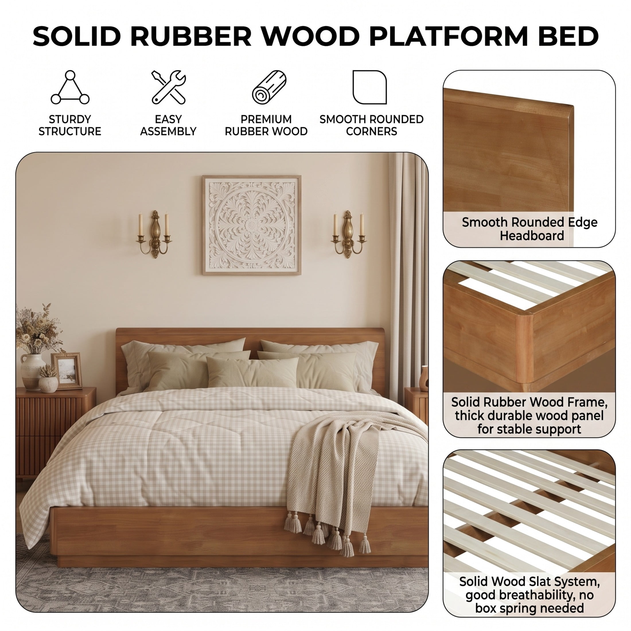Christopher Knight Home Queen Solid Wood Platform Bed Frame, No Box Spring Needed, Light Walnut