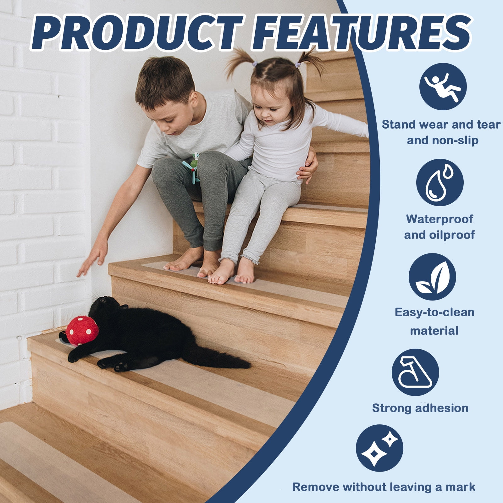 15 Packs Clear Adhesive Stair Treads Non Slip with Roller, 5.9" x 24" Pre-cut Transparent Grip Tape for Stairs, Waterproof Anti Slip Stair Strips Staircase Step Treads for Wooden Floor Indoor