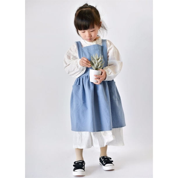 Delantal de babero de lino y algodón para niños, uniforme de cocina para hornear con bolsillo, delantales artesanales para niños y niñas, pintura para bebés, Pinafore suave