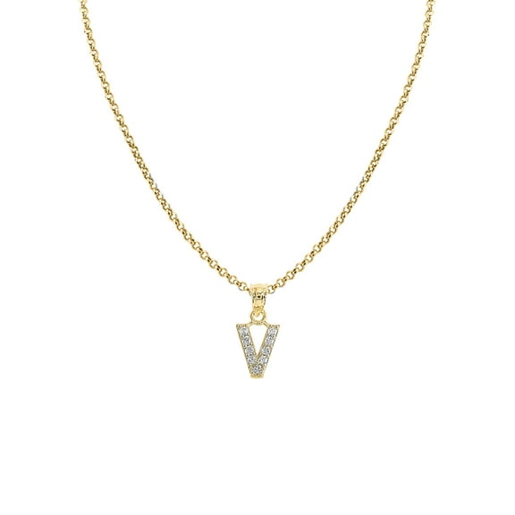 Genuine 14k Yellow Gold 0.59" Cubic Zirconia CZ Initial Letter V Pendant Necklace 16", 18", 20", 22" Trendy Charm Initial Necklaces for Women