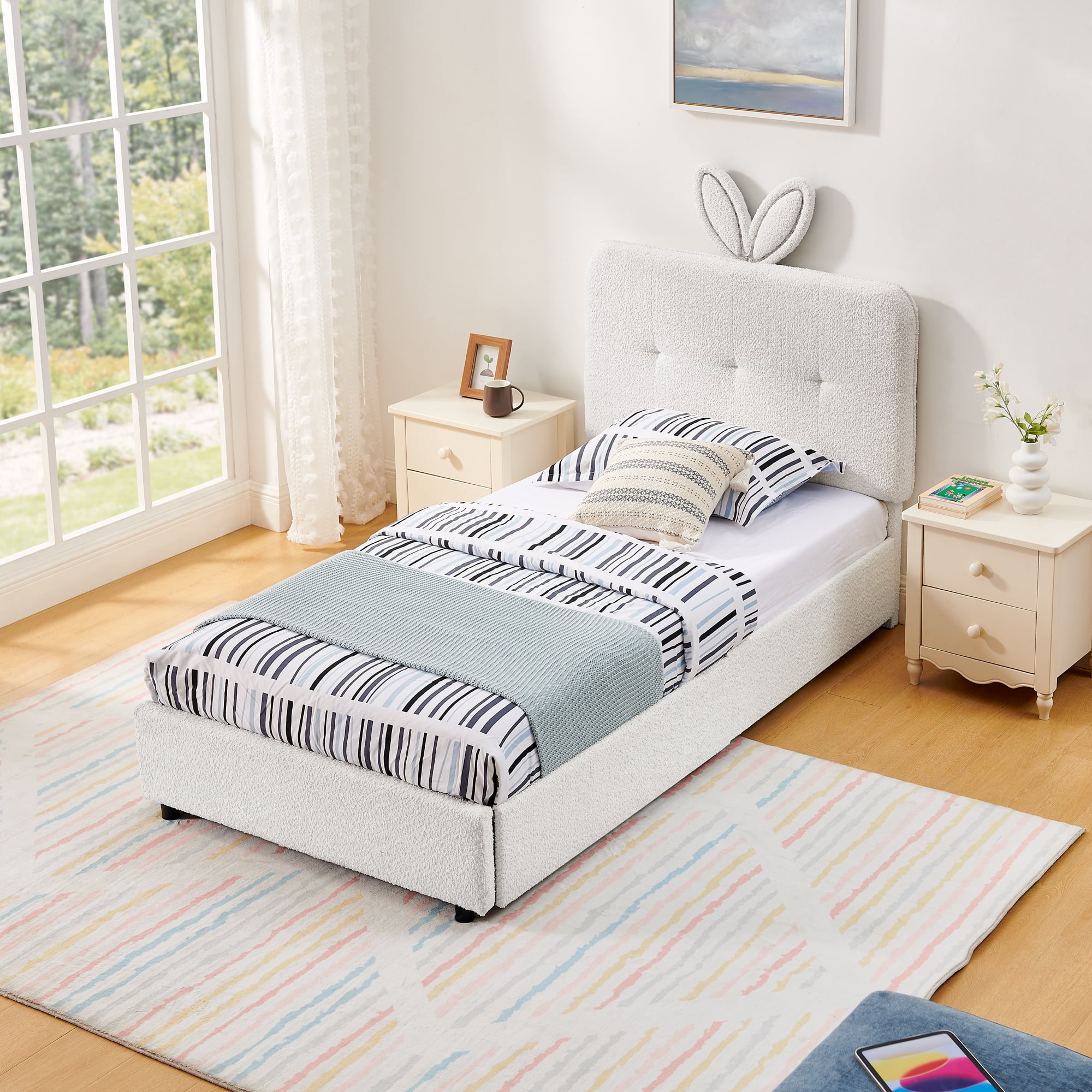 Mintazer Twin Upholstered Kids Bed with Oversized Rabbit Ear Headboard, Boucle Fabric Platform Bed with LED Headboard & 4 Storage Drawers, Beige