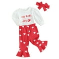 thumbnail image 2 of Musuos Baby Girls Autumn Outfit Sets 3 6 12 18M White Long Sleeve Letter Print Romper + Heart Print Flared Pants + Headband, 2 of 9