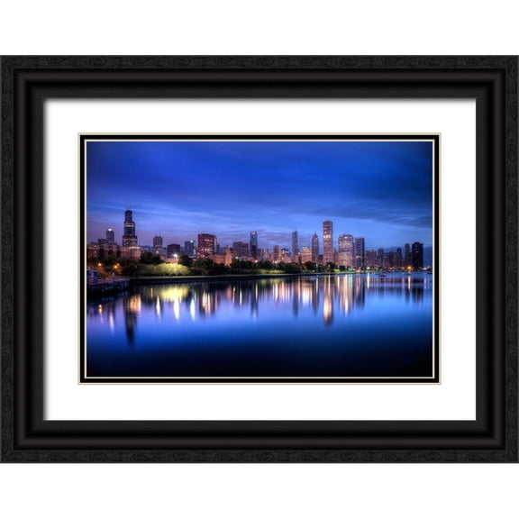 SMO 32x23 Black Ornate Wood Framed with Double Matting Museum Art Print Titled - Chicago skyline reflects in lake Michigan during a blue sunrise