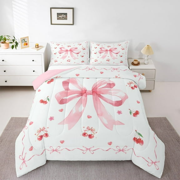 Manfei Girls Bow Tie Bedding Comforter Set,Lovely Cherry Twin Comforter Sets,Pink White Bedding Set For Kids,Microfiber Bedroom Decor Reversible,2 Pieces