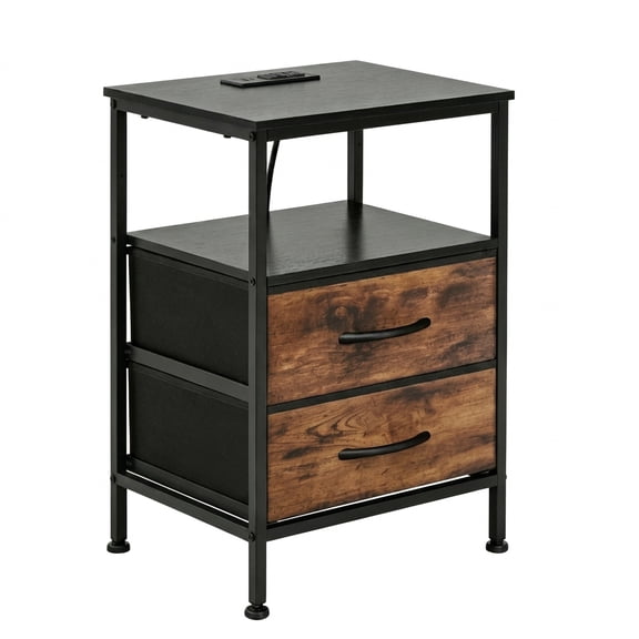 Casabay 2-Drawer Nightstand with Built-in Charging, Black and Rustic Brown Fabric Drawer Bedside Table, USB/Type-C and AC Outlet for Bedroom