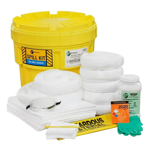 ENPAC 20-Gallon Emergency Response Oil Spill Kit (Includes Drum, Granular Absorbent, Pads, Socks, Disposal Bag, & Safety Equipment) - OSHA, UN, & DOT Compliant