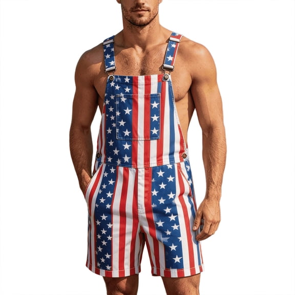 FYDUU USA 250th Anniversary Celebration Overalls For Man Casual Red White & Blue Suspenders Shorts Patriotic Denim Jumpsuit Versatile One-Pieces L