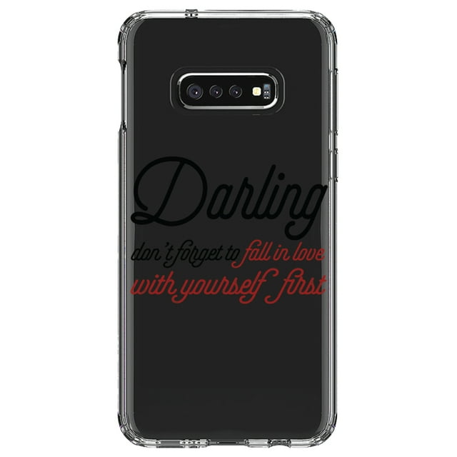 DistinctInk Clear Shockproof Hybrid Case for Samsung Galaxy S10e (5.8" Screen) - TPU Bumper Acrylic Back Tempered Glass Screen Protector - Darling Don't Forget to Fall In Love with Yourself