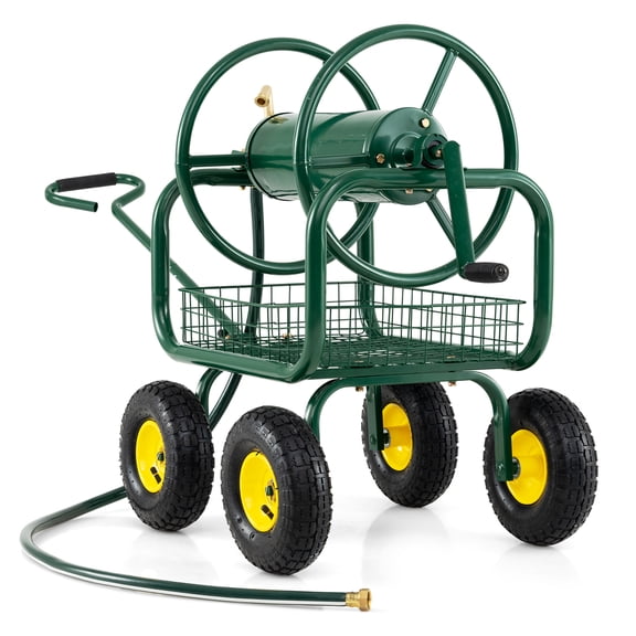Costway Garden Hose Reel Cart with 4 Wheels, Storage Basket, 300 FT of 5/8” Large Capacity Green