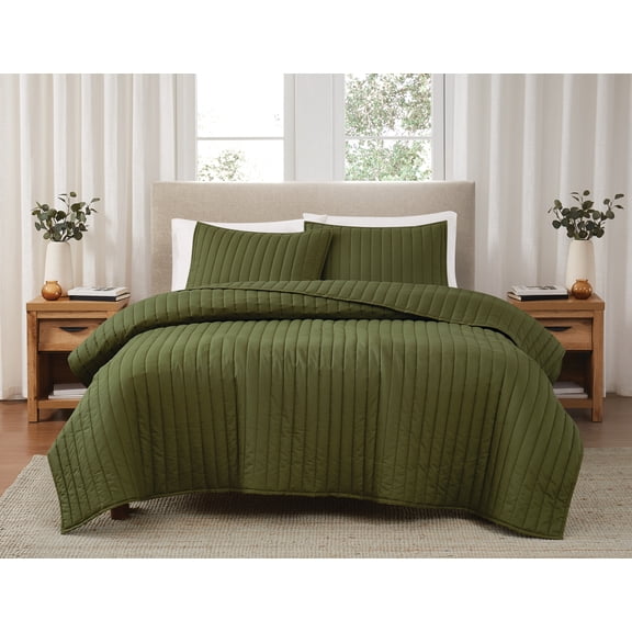 Brooklyn Loom Classic Solid 100% Cotton 200 Thread Count Percale Olive Green 2-Piece Twin Quilt Set, Solid Casual themed, Adult Bedding, OEKO-TEX Certified