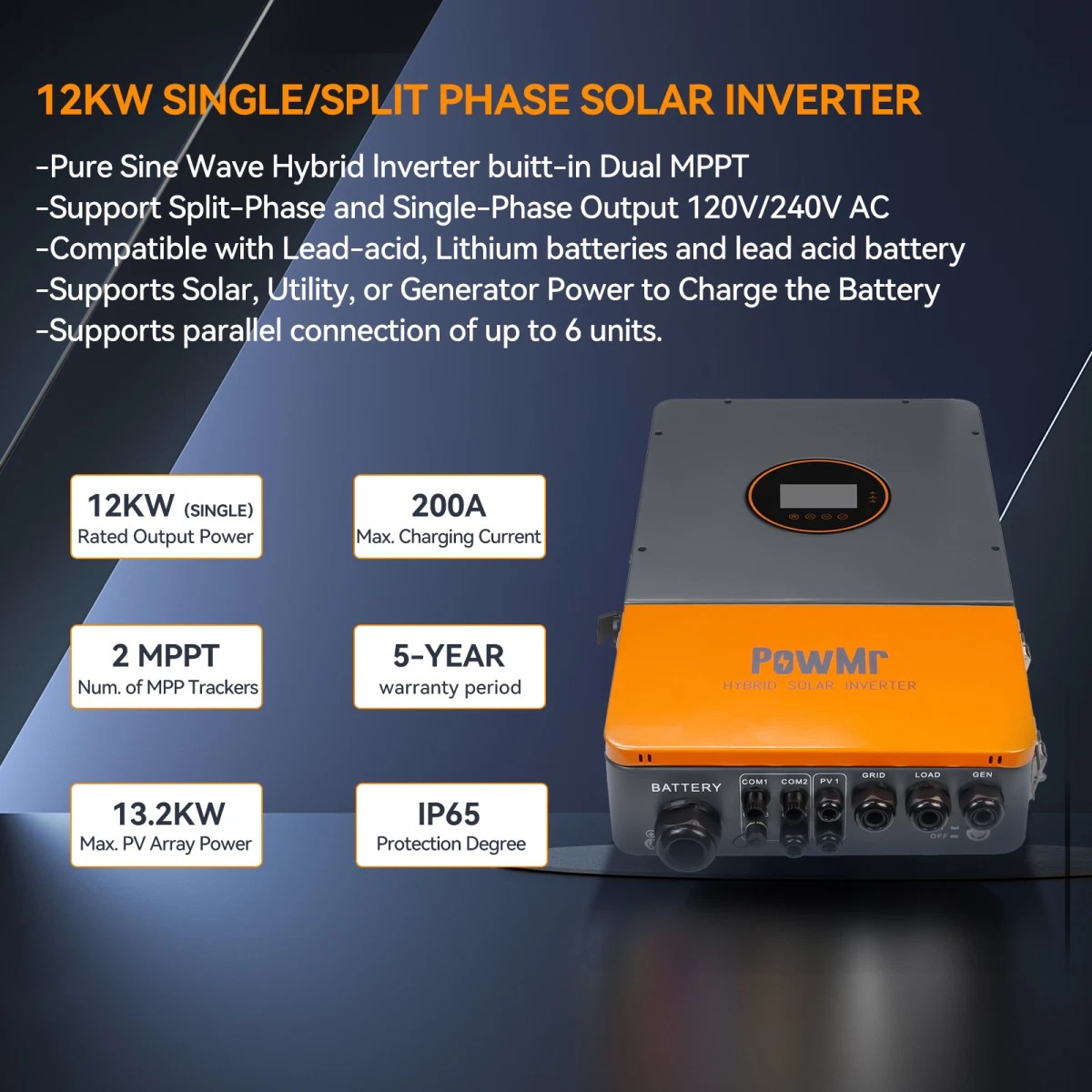 PowMr 12KW 48V Hybrid Solar Inverter 120/208/240V Split Phase ON/OFF Grid 200A MPPT Controller Max PV 450V For Flooded Lead-acid Sealed Gel Lithium Battery