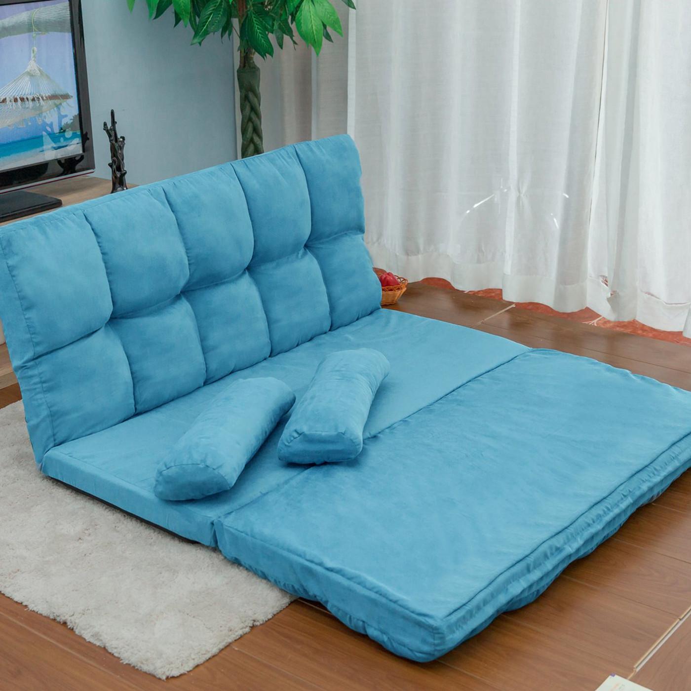 Fold Down Sofa Bed Lazy Sofa Floor Couch Adjustable Folding Modern Futon Chaise Video Gaming Lounge Convertible Upholstered Memory Foam Padded Cushion Guest Sleeper Chair with Two Pillows, Blue - image 2 of 7