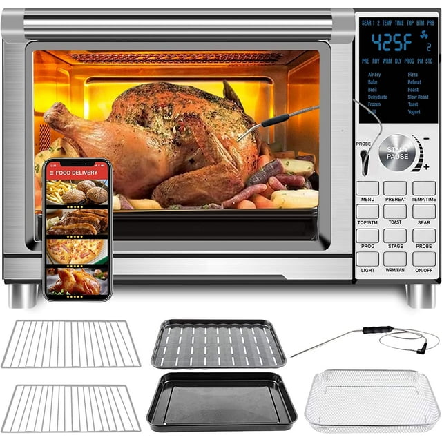Nuwave Bravo Air Fryer Tostadora Horno inteligente, Convección de encimera 12 en 1, Capacidad XL de 30 QT, Controles de 50°-500°F, Ajustes del calentador superior e inferior 0%-100%, Aspecto de acero