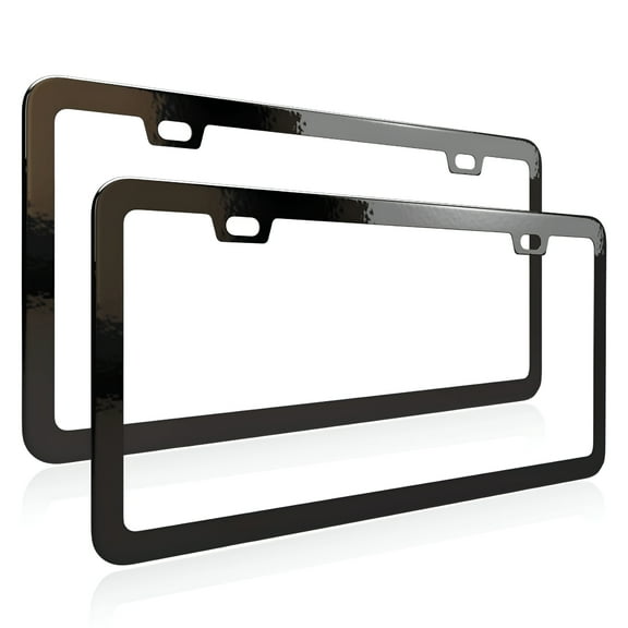 MELIVO Gloss Black License Plate Frame, Metal Thin Stainless Steel with 2 Holes Screw Cap, 2 Pack (Glossy Black(Mirror Finish))