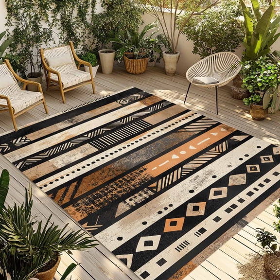 Fsddascl Retro Boho Geometric Outdoor Rug for Patio/Deck/Porch, Non-Slip Large Area Rug 5 x 8 Ft, Abstract Southwestern Ethnic Indoor Outdoor Rugs Washable Area Rugs, Reversible Camping Rug Carpet