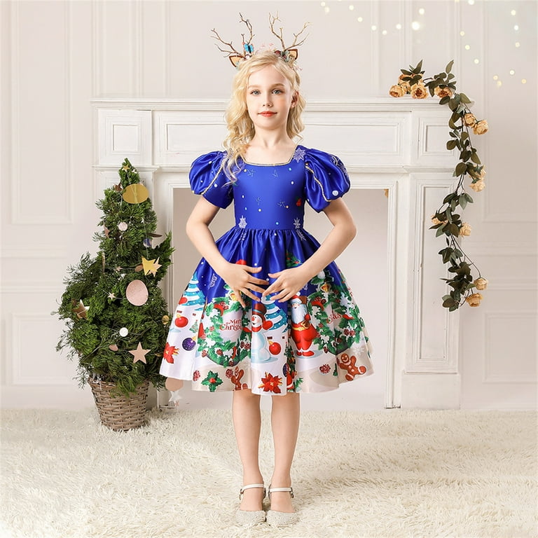 HAWEE Christmas Party Princess Long Dresses for Girls Cute Cartoon Santa Claus Snowflake Dress Frocks