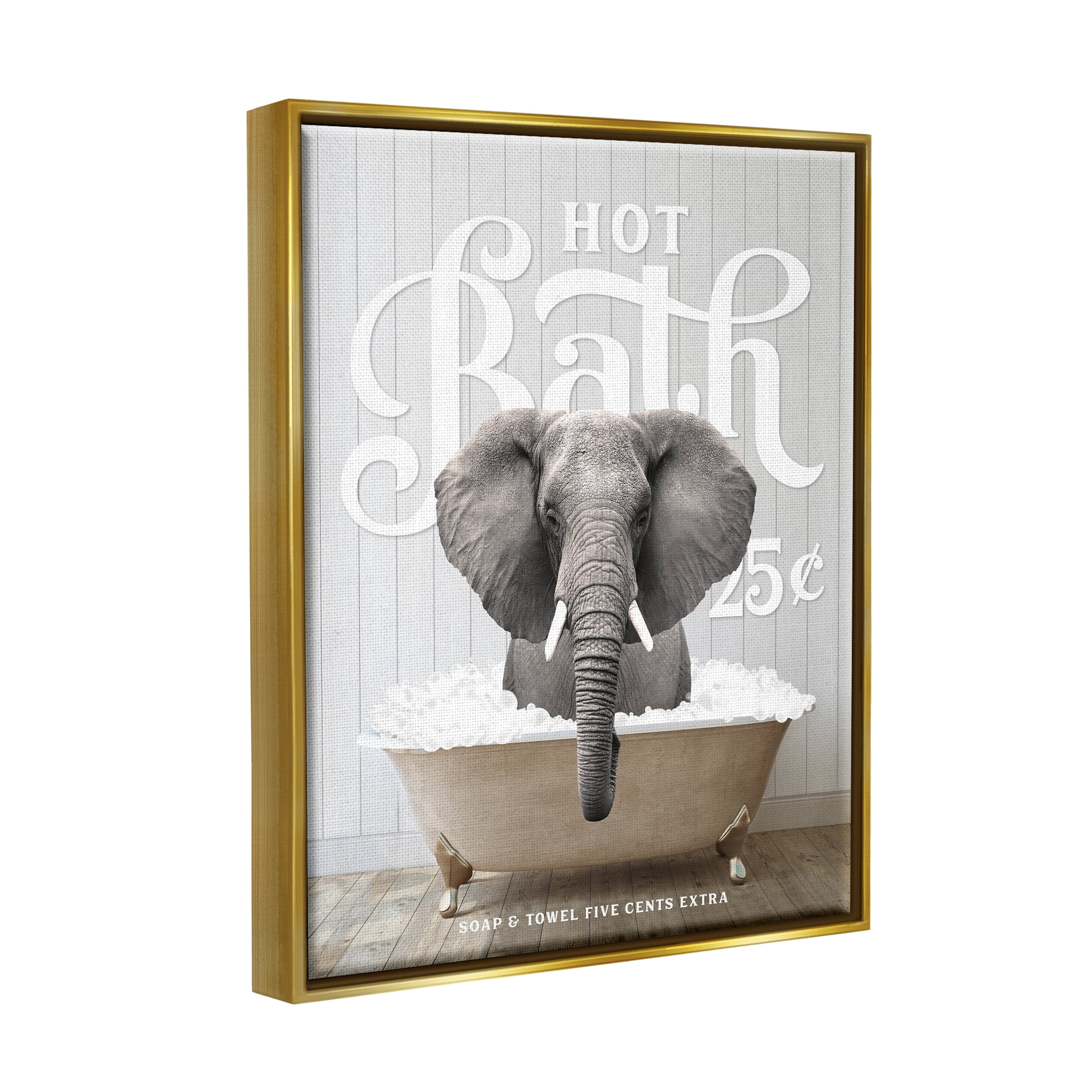 Stupell Industries Vintage Bathroom Elephant Animals & Insects Painting Gold Floater Framed Art Print Wall Art, 17 x 21