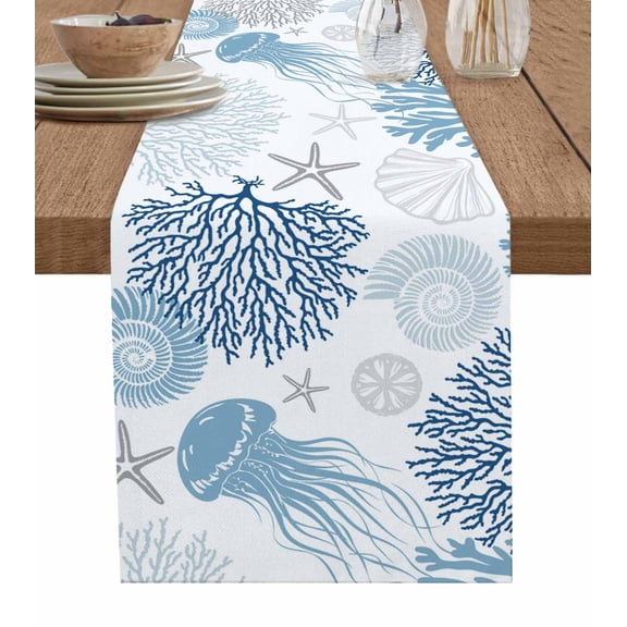 Navy Blue Coastal Table Runner 72 Inches, Coral Jellyfish Nautical Bed Runner Dresser Scarves Tabletop for Indoor Outdoor Parties/Ceremony/Banquet, 18" x 72"