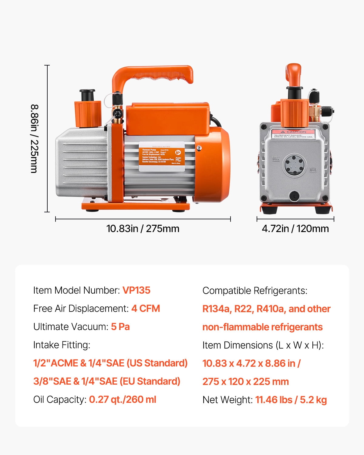 KFFKFF Vacuum Pump, 4 CFM, Single Phase Rotary Vane Vacuum Mechanism, Compatible with R134a R22 R410a Systems, Car AC Vacuum Pump Set with Oil Container for Car Air Conditioning and Resin Degassing