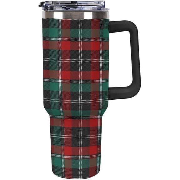Christmas Tartan Plaid Tumbler with Lid And Straw 40oz Stainless Steel Cup Insulated, Large Capacity Car Cup, Leakproof Travel Tumbler Coffee Mug with Handle