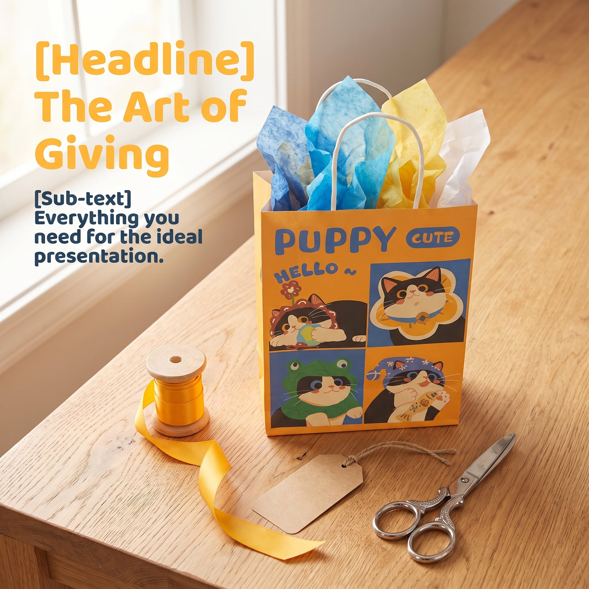 Unique Bargains Cartoon Gift Bags with Handles for Occasions Yellow Cat 8.3"x 4.3" x 10.6"