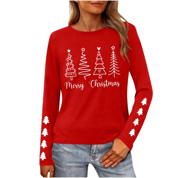 Hvot&aat Christmas Shirts for Women Merry Christmas Printed Pullover T-Shirt Crewneck Long Sleeve Vacation Tunics Tops