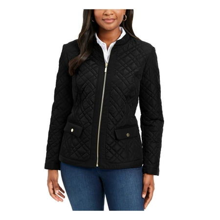 CHARTER CLUB Womens Black Pocketed Textured Zip Up Winter Jacket Coat Petites PS