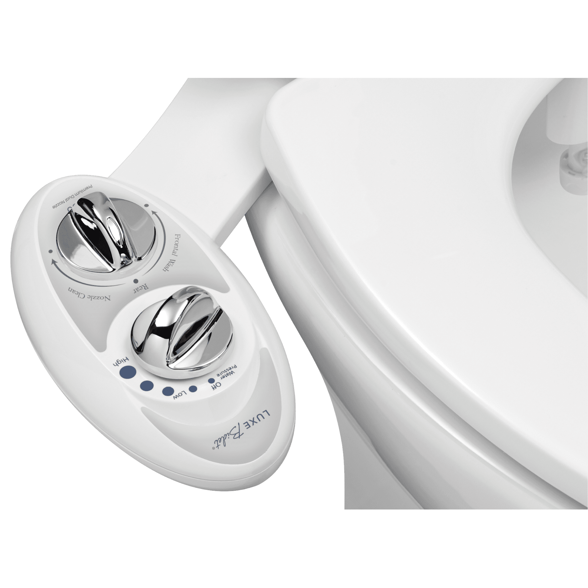 LUXE Bidet W85 Fresh Water Dual-Nozzle Self-Cleaning Non-Electric Bidet Attachment, Pearl Grey on White