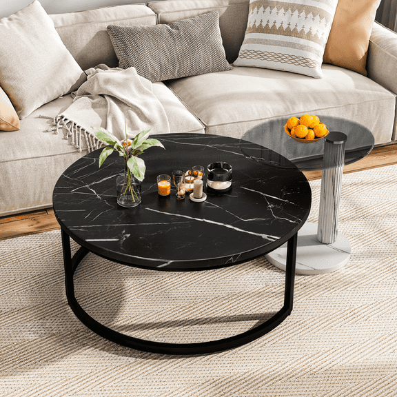 MIERES Nesting Coffee Table Set for 2, Round Faux Marble End Table with Tempered Glass Side Table, Modern Coffee Table for Living Room