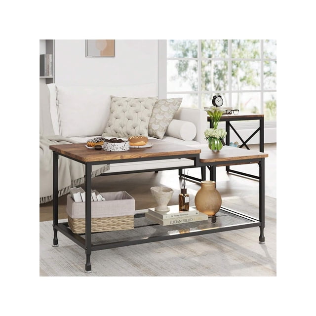 Bingirl Rustic 2-Tier Coffee Table with Mesh Shelf - Rectangular Cocktail Table for Living Room, Small Table with Metal Frame, Easy Assembly