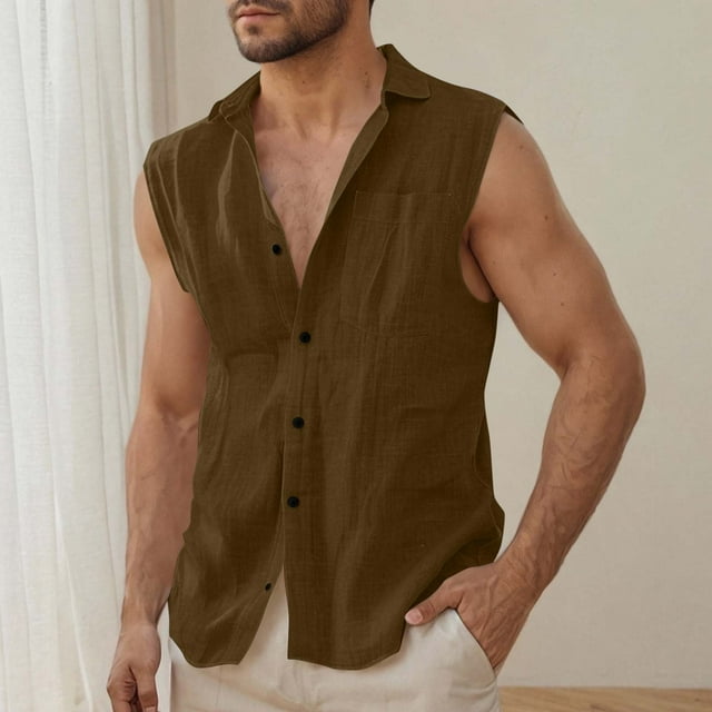 Mens Sleeveless Shirts Linen Cotton Summer Beach Button Up Tank Tops Casual Textured Basic Tank Shirt