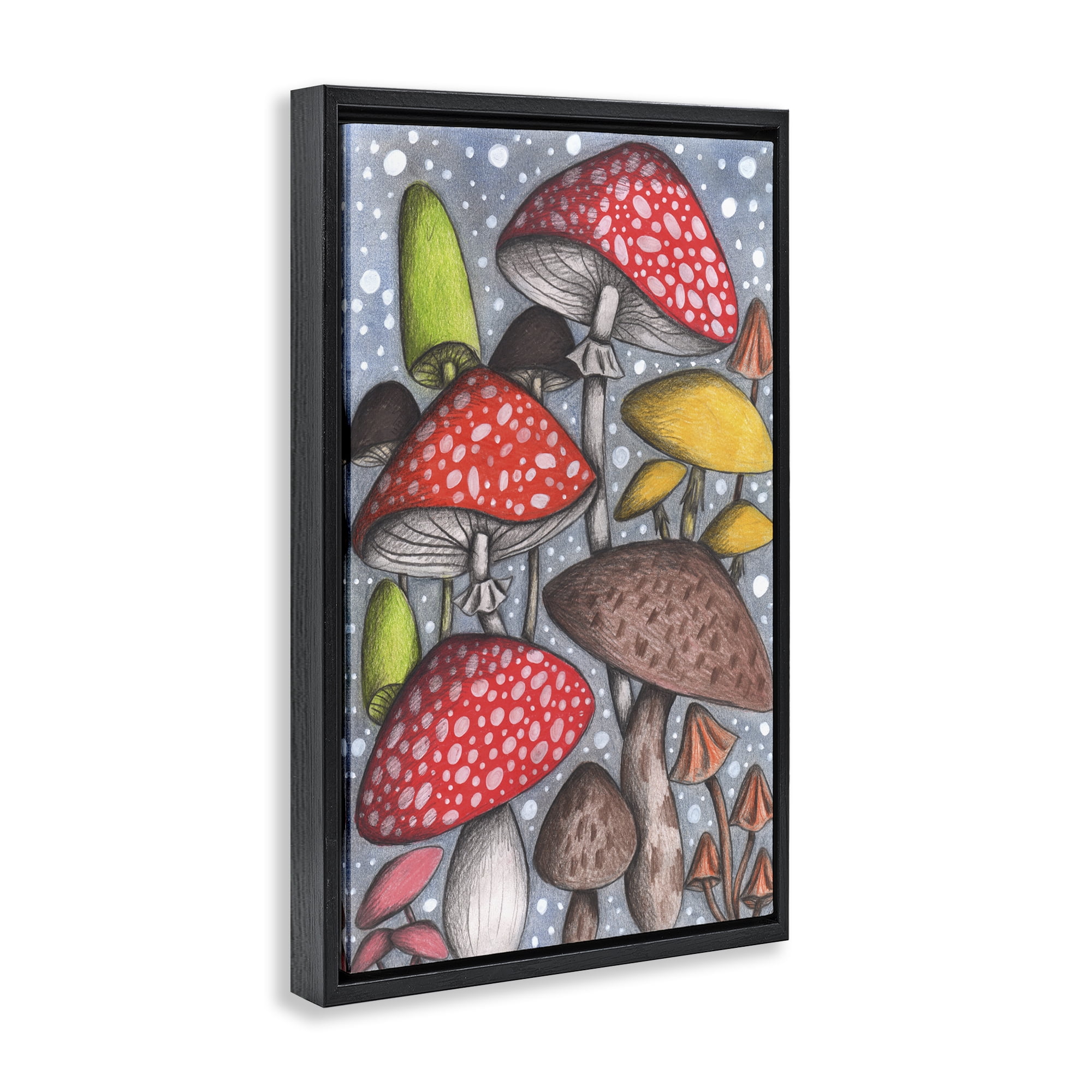 Sketched Magical Mushrooms Black Framed Floater Canvas Wall Art, design by Cecilia Battaini
