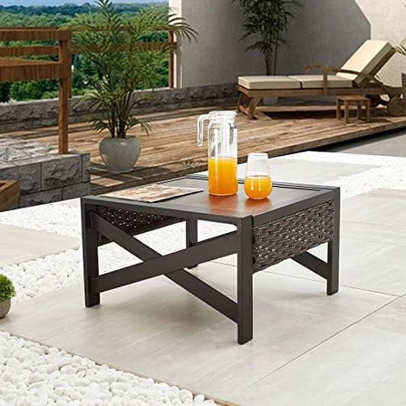 Outdoor Metal Patio Bistro Coffee End X Shaped Steel Legs, Wicker Rattan Around, Side Table, Brown$$Garden & Patio