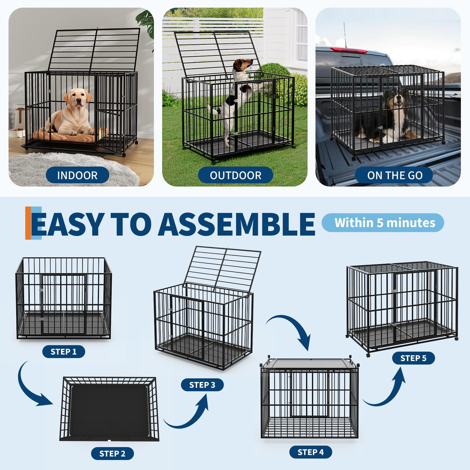 Heavy Duty Stainless Steel Dog Crate for Large Dogs - Indestructible & Escape-Proof Kennel with Locking Wheels - Collapsible, Chew-Resistant Indoor/Outdoor Cage with Easy-Clean Removable Tray XXL