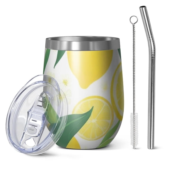 12oz Stemless Wine Tumblers Lemon Vacuum Insulated Stainless Steel Travel Tumbler Cups Mug with Lid and Straw for Champaign,Cocktail,Beer with Cleaning Brush